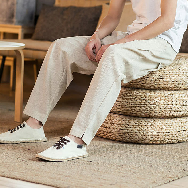 Buddha Stones Solid Color Linen Drawstring Tapered Men's Pants With Pockets - image 42