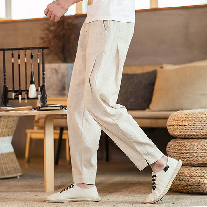 Buddha Stones Solid Color Linen Drawstring Tapered Men's Pants With Pockets - image 40