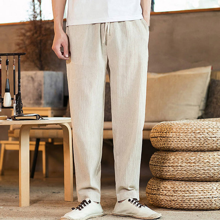 Buddha Stones Solid Color Linen Drawstring Tapered Men's Pants With Pockets - image 36