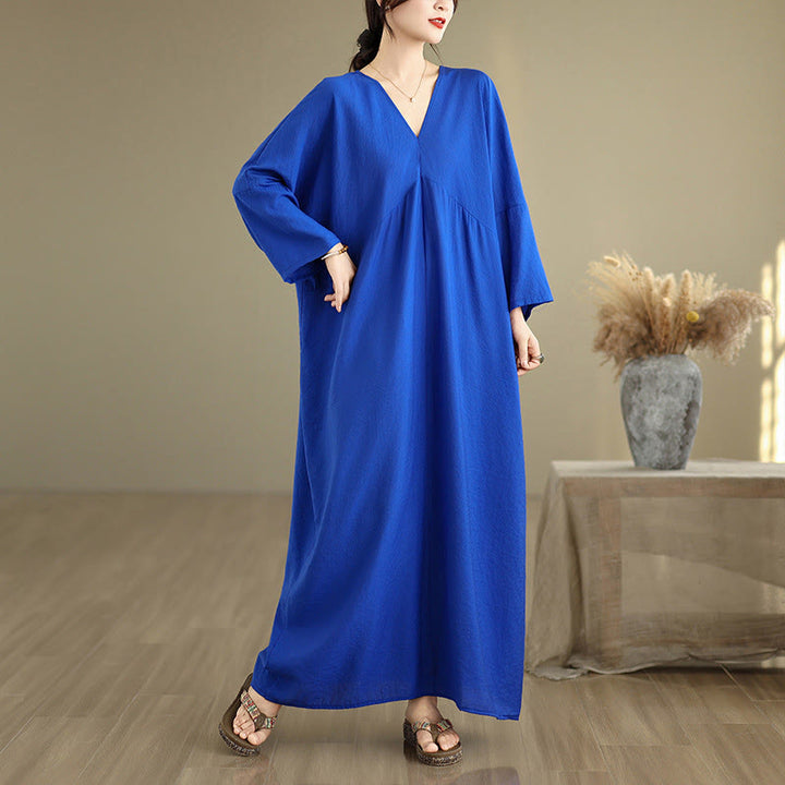Buddha Stones Fall Pure Color V-Neck Long Sleeve Cotton Midi Dress - Blue - US4-12,UK/AU8-18,EU36-46(F) - image 12