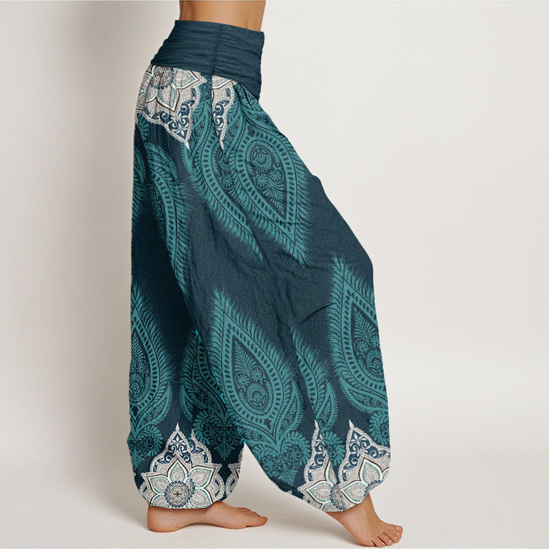 Buddha Stones Pure Cotton Casual Feather Flower Design Women's Elastic Waist Harem Pants