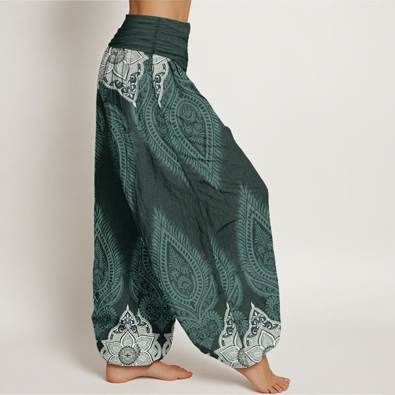 Buddha Stones Pure Cotton Casual Feather Flower Design Women's Elastic Waist Harem Pants