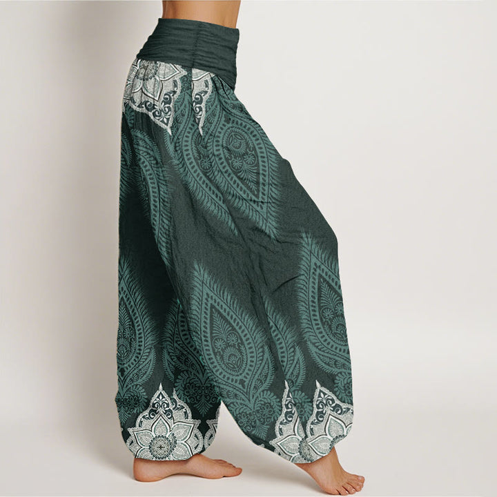 Buddha Stones Pure Cotton Casual Feather Flower Design Women's Elastic Waist Harem Pants