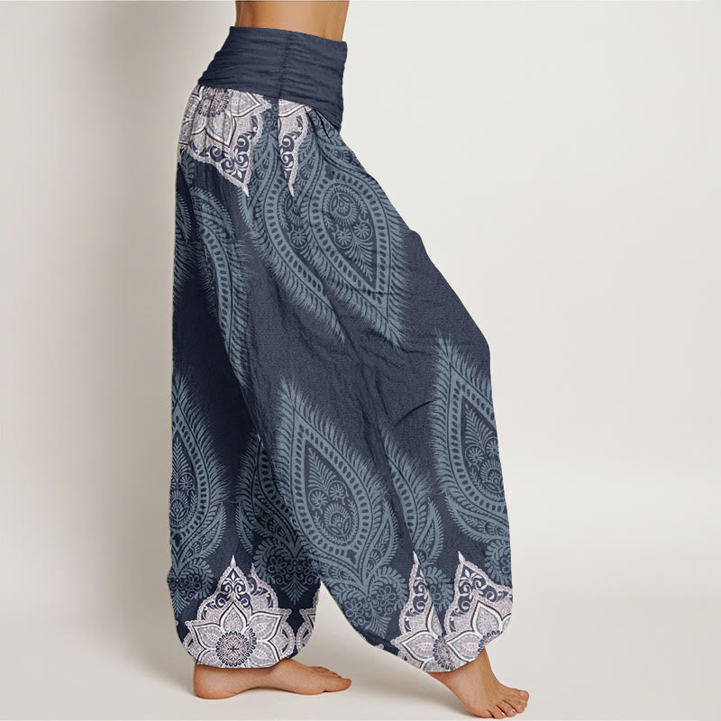 Buddha Stones Pure Cotton Casual Feather Flower Design Women's Elastic Waist Harem Pants