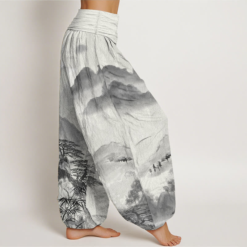 Buddha Stones Pure Cotton Mountains Trees Landscape Ink Painting Women's Elastic Waist Harem Pants