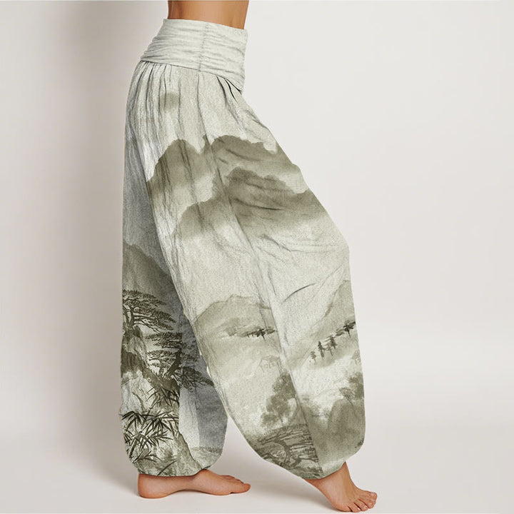 Buddha Stones Pure Cotton Mountains Trees Landscape Ink Painting Women's Elastic Waist Harem Pants