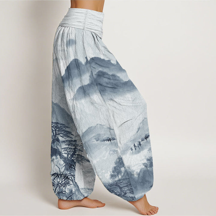 Buddha Stones Pure Cotton Mountains Trees Landscape Ink Painting Women's Elastic Waist Harem Pants