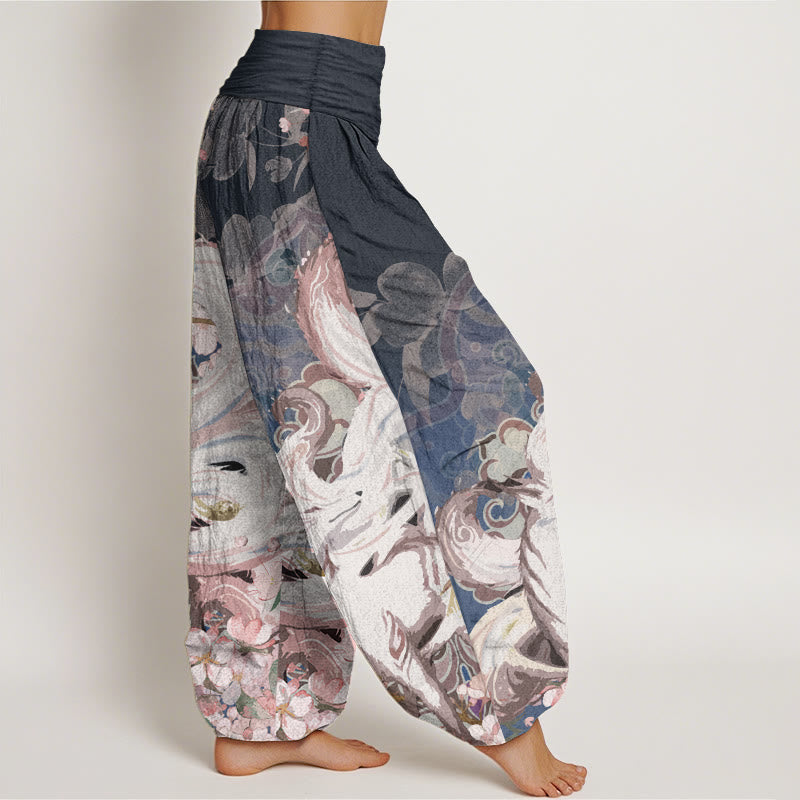 Buddha Stones Pure Cotton Fox Cherry Blossoms Women's Elastic Waist Harem Pants