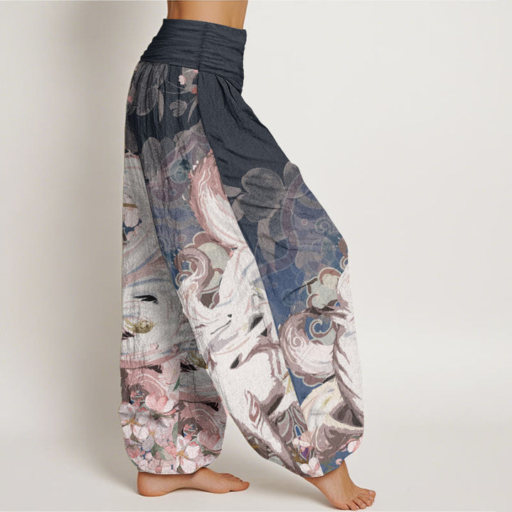 Buddha Stones Pure Cotton Fox Cherry Blossoms Women's Elastic Waist Harem Pants