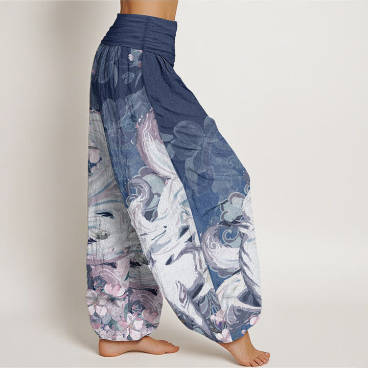 Buddha Stones Pure Cotton Fox Cherry Blossoms Women's Elastic Waist Harem Pants
