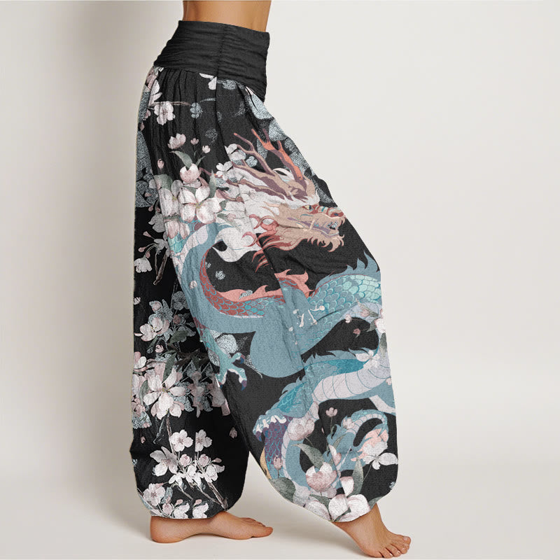 Buddha Stones Pure Cotton Casual Dragon Cherry Blossoms Women's Elastic Waist Harem Pants