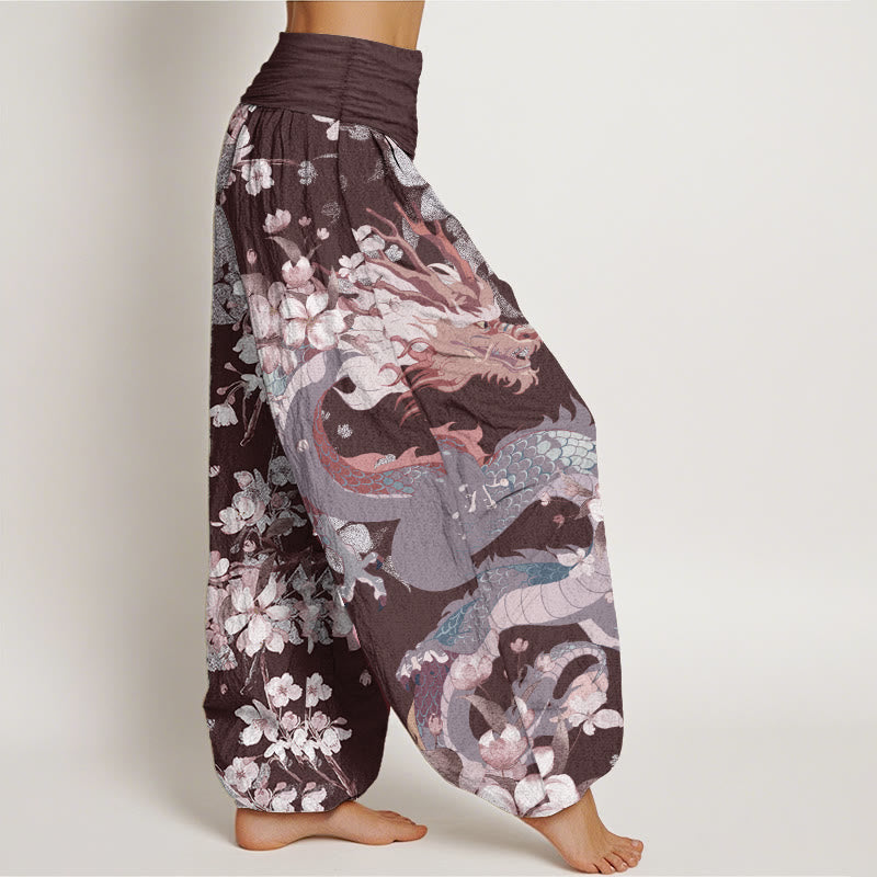Buddha Stones Pure Cotton Casual Dragon Cherry Blossoms Women's Elastic Waist Harem Pants
