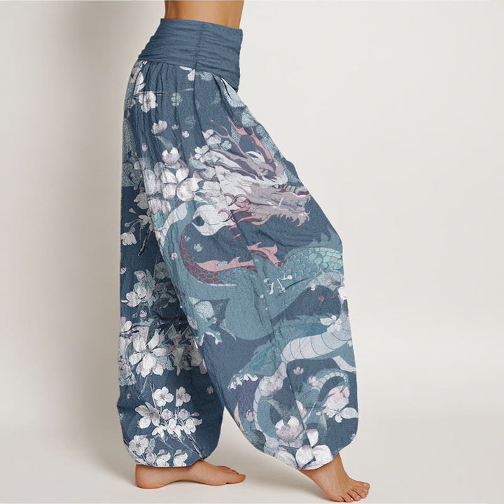 Buddha Stones Pure Cotton Casual Dragon Cherry Blossoms Women's Elastic Waist Harem Pants