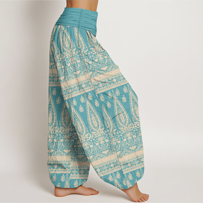 Buddha Stones Pure Cotton Casual Feather Stripes Design Women's Elastic Waist Harem Pants