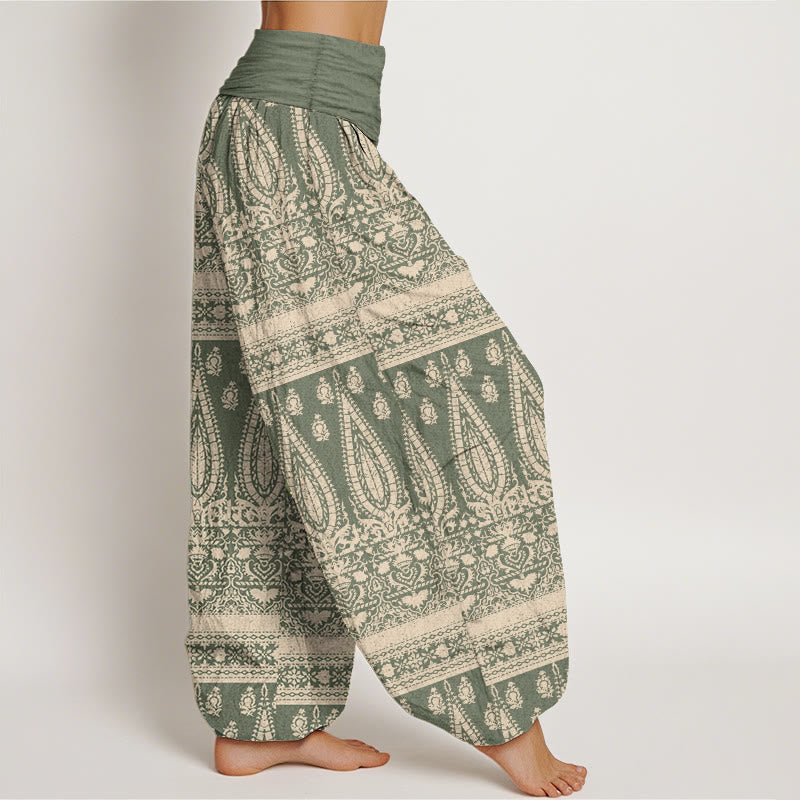 Buddha Stones Pure Cotton Casual Feather Stripes Design Women's Elastic Waist Harem Pants