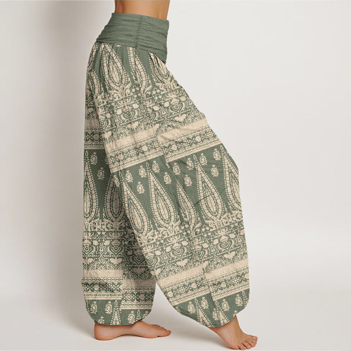 Buddha Stones Pure Cotton Casual Feather Stripes Design Women's Elastic Waist Harem Pants
