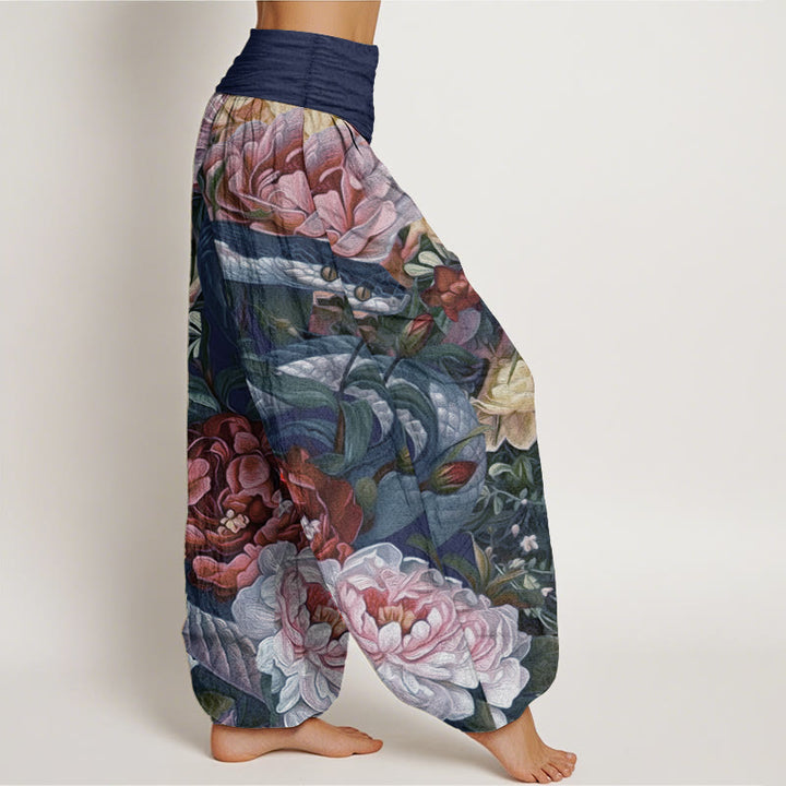 Buddha Stones Pure Cotton Snake Peony Flowers Leaf Pattern Women's Elastic Waist Harem Pants