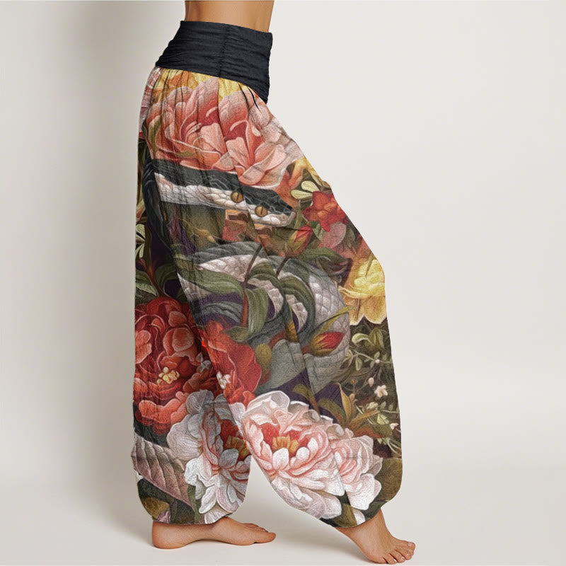 Buddha Stones Pure Cotton Snake Peony Flowers Leaf Pattern Women's Elastic Waist Harem Pants