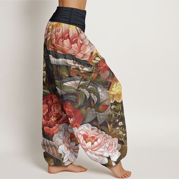 Buddha Stones Pure Cotton Snake Peony Flowers Leaf Pattern Women's Elastic Waist Harem Pants