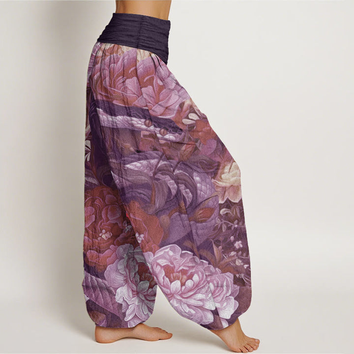 Buddha Stones Pure Cotton Snake Peony Flowers Leaf Pattern Women's Elastic Waist Harem Pants