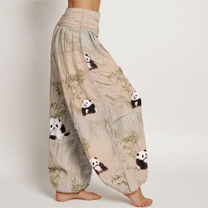 Buddha Stones Pure Cotton Panda Bamboo Pattern Women's Elastic Waist Harem Pants