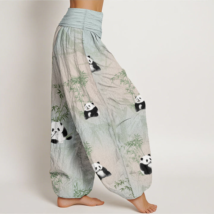 Buddha Stones Pure Cotton Panda Bamboo Pattern Women's Elastic Waist Harem Pants