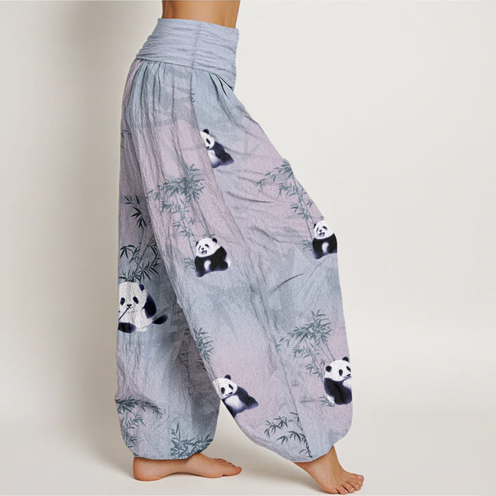 Buddha Stones Pure Cotton Panda Bamboo Pattern Women's Elastic Waist Harem Pants