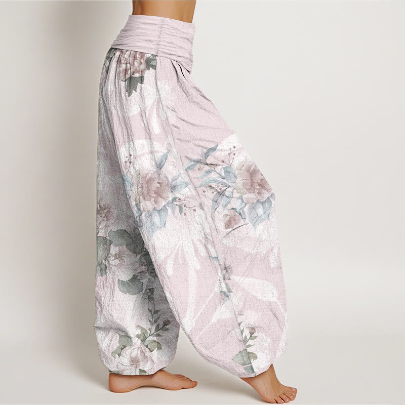 Buddha Stones Pure Cotton Flowers White Leaves Women's Elastic Waist Harem Pants