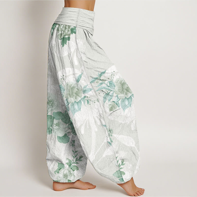 Buddha Stones Pure Cotton Flowers White Leaves Women's Elastic Waist Harem Pants