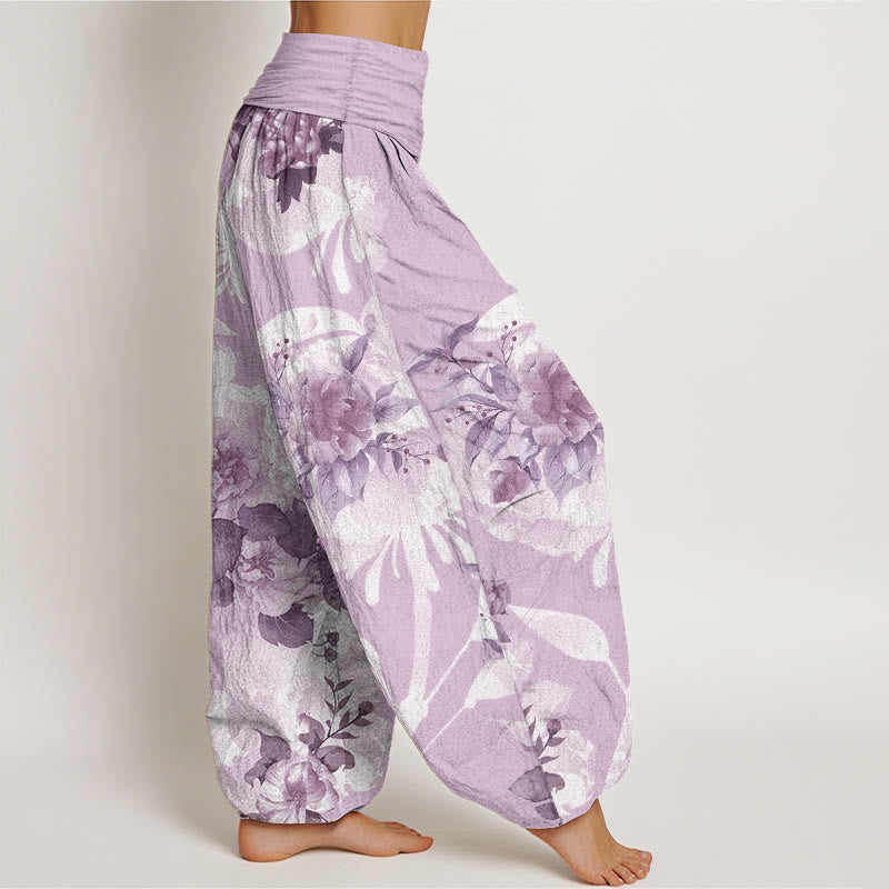 Buddha Stones Pure Cotton Flowers White Leaves Women's Elastic Waist Harem Pants