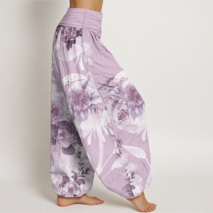 Buddha Stones Pure Cotton Flowers White Leaves Women's Elastic Waist Harem Pants