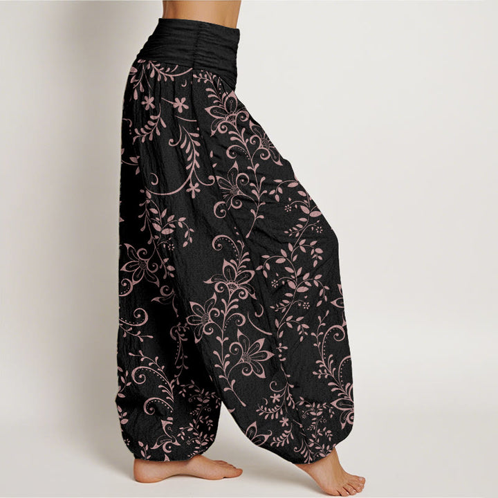 Buddha Stones Pure Cotton Casual Flowers Vine Design Women's Elastic Waist Harem Pants