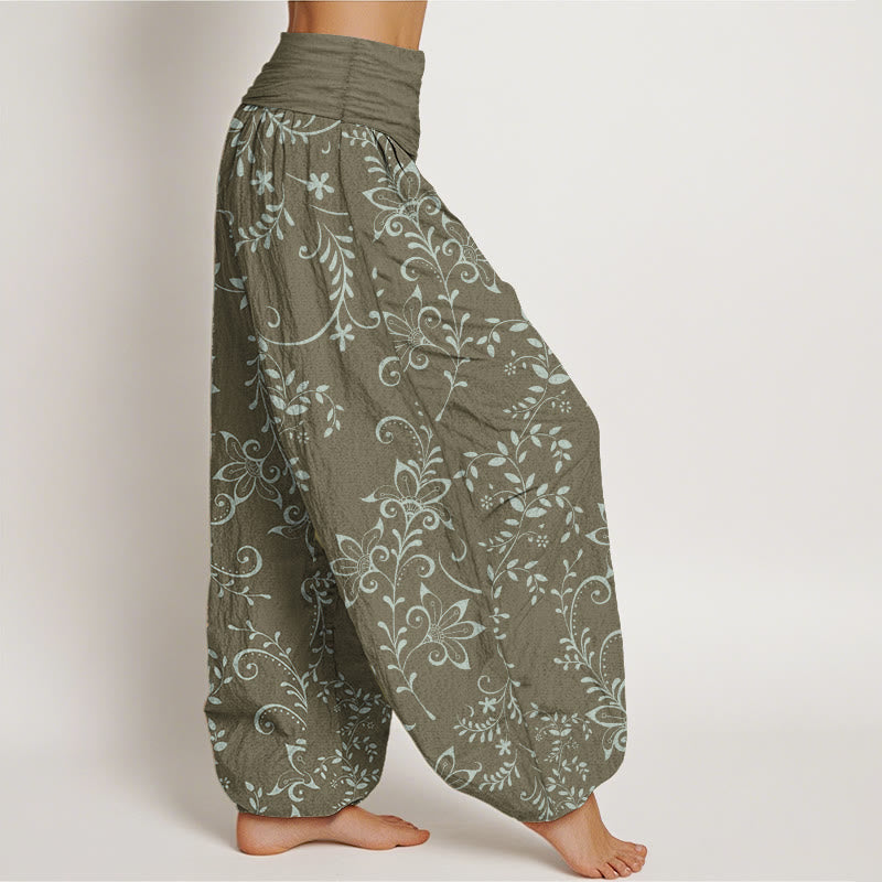 Buddha Stones Pure Cotton Casual Flowers Vine Design Women's Elastic Waist Harem Pants