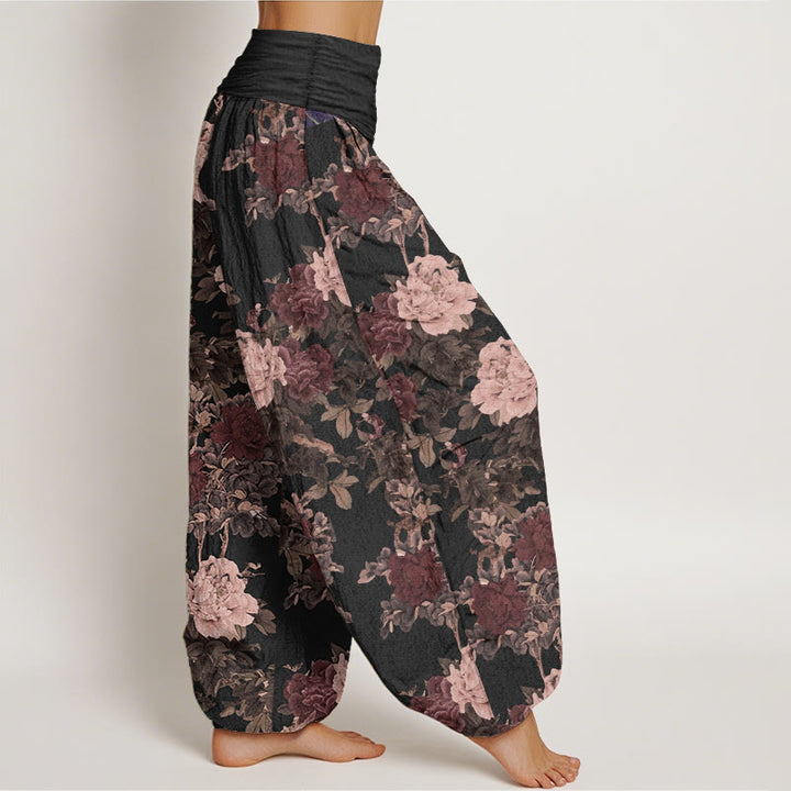 Buddha Stones Pure Cotton Casual Lush Peony Flowers Leaf Pattern Women's Elastic Waist Harem Pants