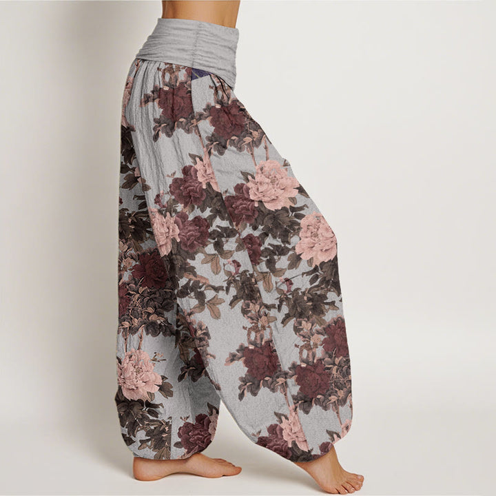 Buddha Stones Pure Cotton Casual Lush Peony Flowers Leaf Pattern Women's Elastic Waist Harem Pants