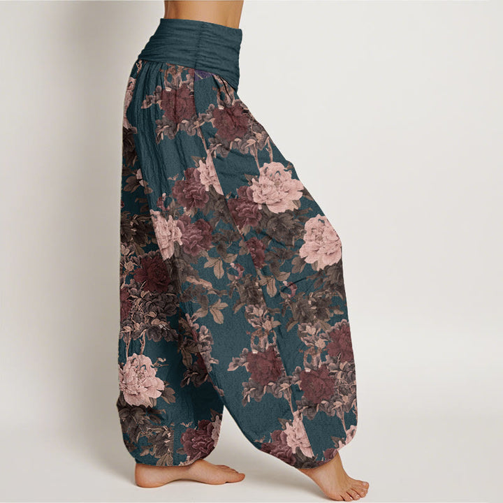 Buddha Stones Pure Cotton Casual Lush Peony Flowers Leaf Pattern Women's Elastic Waist Harem Pants