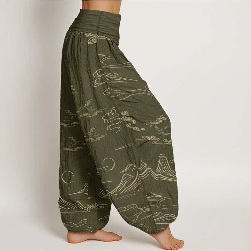 Buddha Stones Pure Cotton Mountain Moon Auspicious Clouds Pattern Women's Elastic Waist Harem Pants