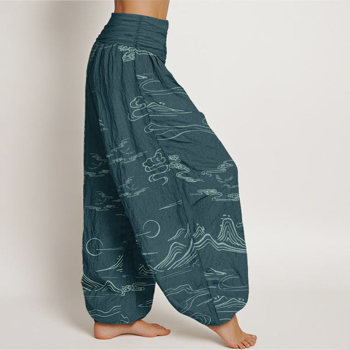 Buddha Stones Pure Cotton Mountain Moon Auspicious Clouds Pattern Women's Elastic Waist Harem Pants