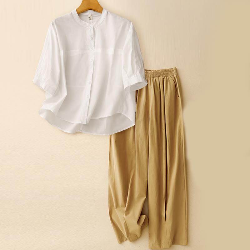 Buddha Stones 2pcs Women's Three-quarter Sleeve Shirt Harem Pants Meditation Clothing Set - Off-White Top + Khaki Pants - US12,UK/AU16,EU44 (2XL) - image 17