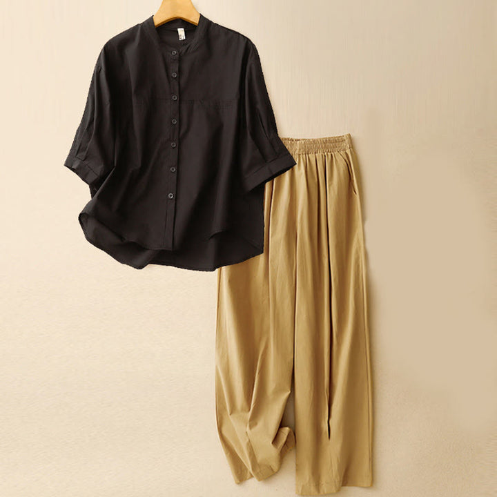 Buddha Stones 2pcs Women's Three-quarter Sleeve Shirt Harem Pants Meditation Clothing Set - Black Top + Khaki Pants - US12,UK/AU16,EU44 (2XL) - image 24
