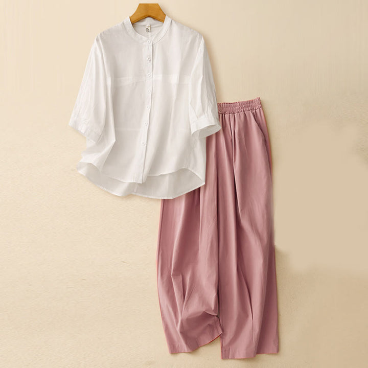 Buddha Stones 2pcs Women's Three-quarter Sleeve Shirt Harem Pants Meditation Clothing Set - Off-White Top + Pink Pants - US12,UK/AU16,EU44 (2XL) - image 26