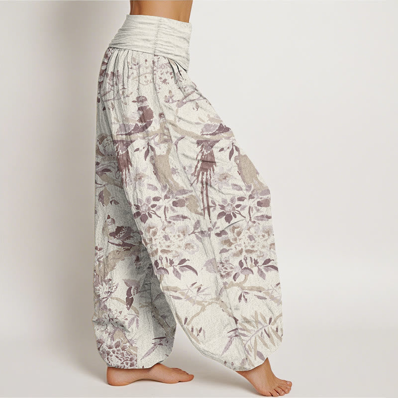 Buddha Stones Pure Cotton Birds Branches Flowers Pattern Women's Elastic Waist Harem Pants