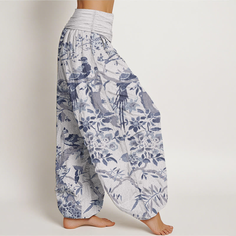 Buddha Stones Pure Cotton Birds Branches Flowers Pattern Women's Elastic Waist Harem Pants