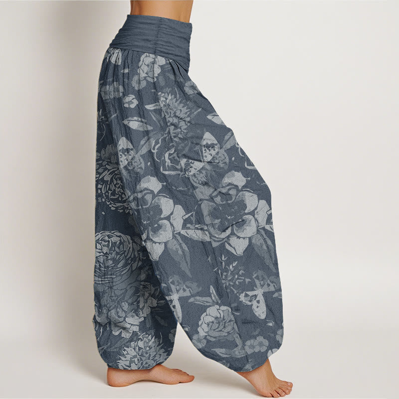 Buddha Stones Pure Cotton Casual Peony Flowers Leaves Women's Elastic Waist Harem Pants