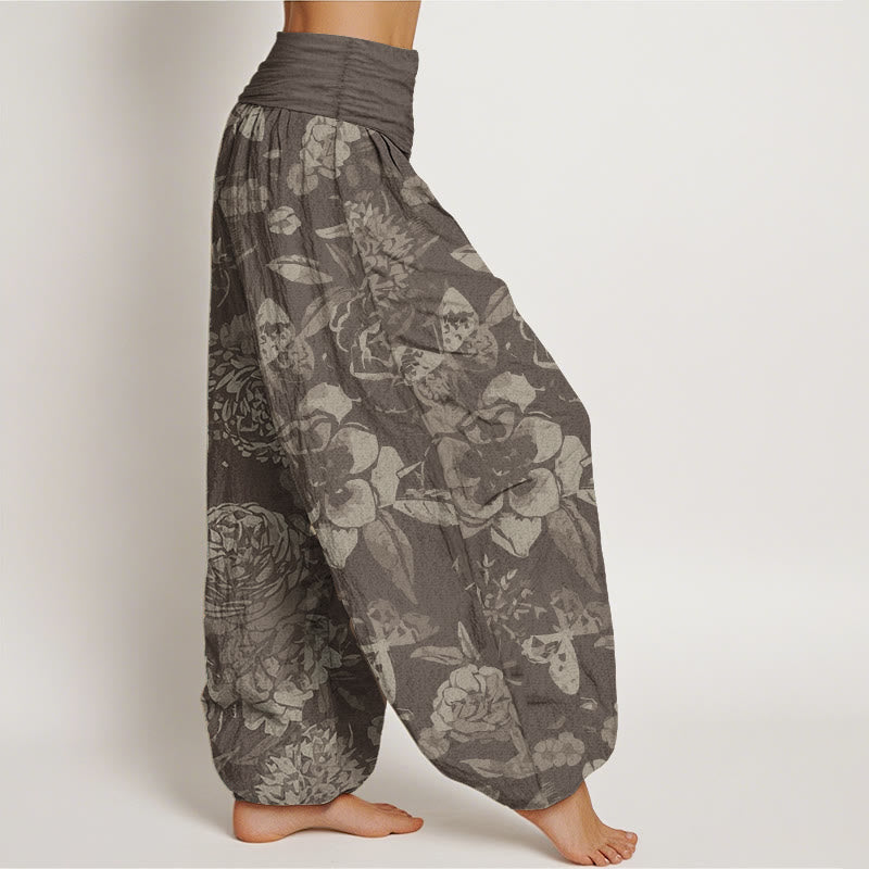 Buddha Stones Pure Cotton Casual Peony Flowers Leaves Women's Elastic Waist Harem Pants