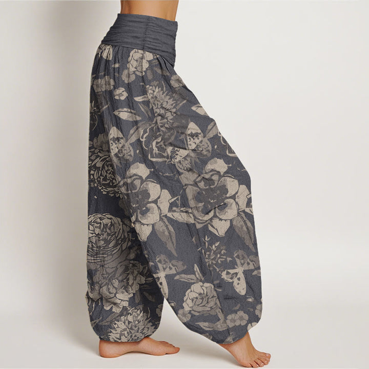 Buddha Stones Pure Cotton Casual Peony Flowers Leaves Women's Elastic Waist Harem Pants