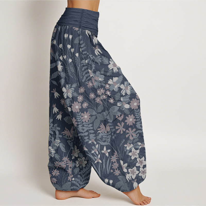 Buddha Stones Pure Cotton Casual Daisy Flowers Leaves Design Women's Elastic Waist Harem Pants