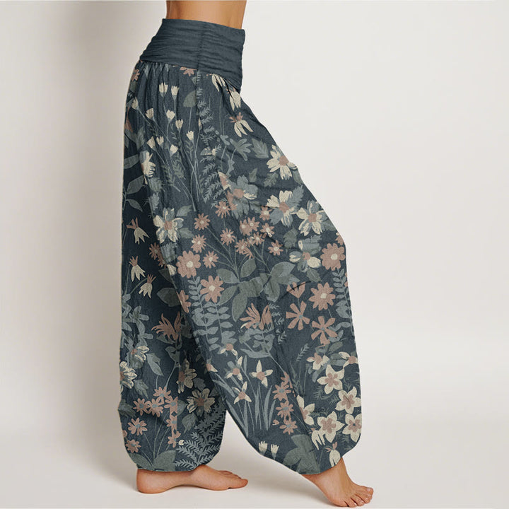 Buddha Stones Pure Cotton Casual Daisy Flowers Leaves Design Women's Elastic Waist Harem Pants