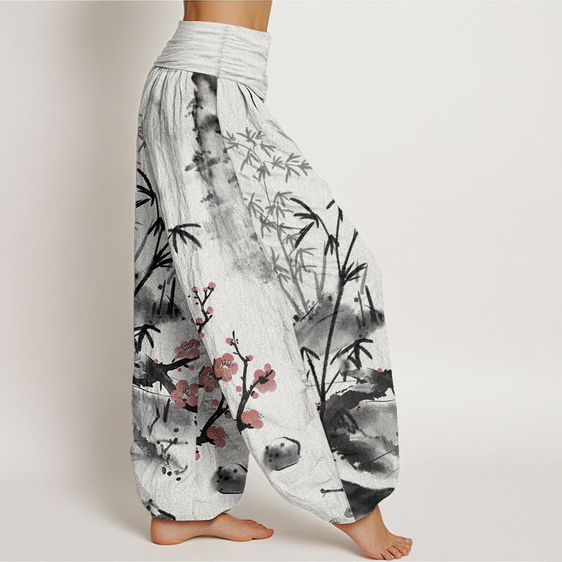 Buddha Stones Pure Cotton Plum Blossoms Bamboo Orchids Chrysanthemums Pattern Women's Elastic Waist Harem Pants