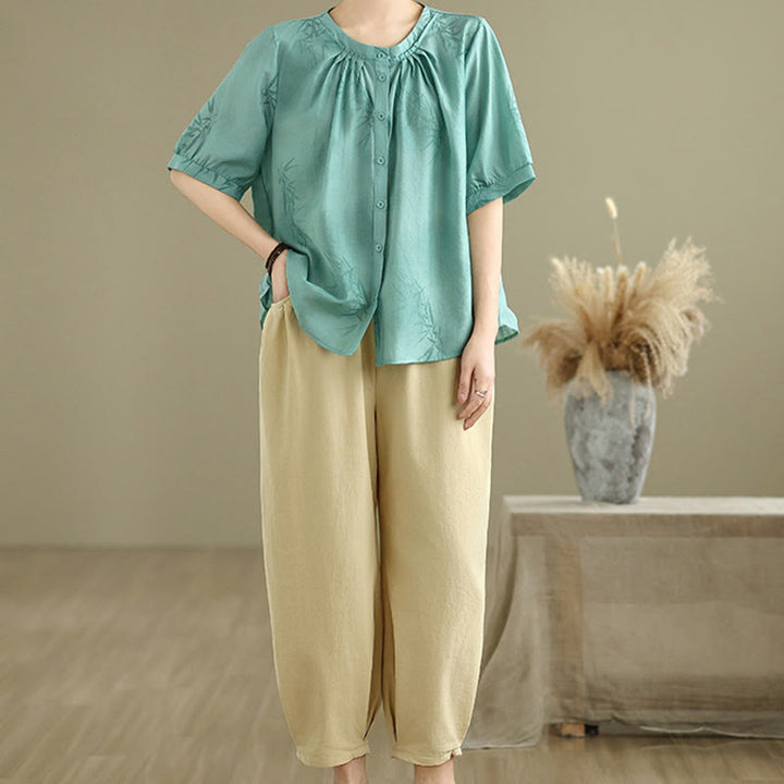 Buddha Stones 2pcs Casual Women's Short Sleeve Shirt Harem Pants Meditation Clothing Set - MediumTurquoise - US12,UK/AU16,EU44 (2XL) - image 1